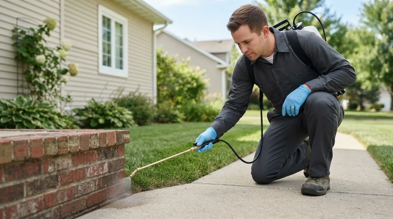 Pest control technician treating a home near Moretown, VT
